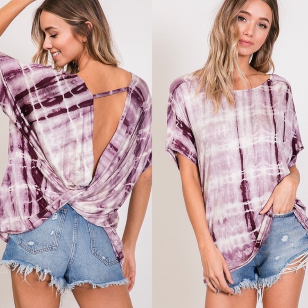 011 Boho Tie Dye Twist Open Back Loose Fit Blouse